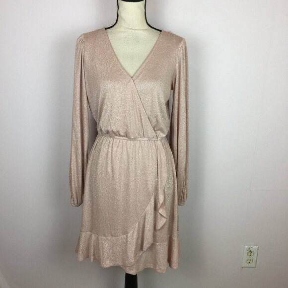 New! LC Lauren Conrad Wrap Dress S Woman Pink Metallic Knit Long Sleeve Ruffle - Picture 1 of 15